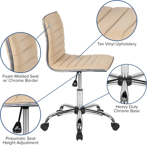 Miniatura 4 de Flash Furniture - Silla de oficina giratoria sin reposabrazos, de color tostado, acanalada, de diseño, respaldo bajo Bronceado/Cromo