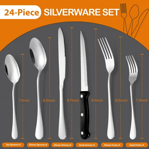 Miniatura 2 de Juego de cubiertos con cuchillos para carne, cubiertos de acero inoxidable para 4, cucharas, tenedores y cuchillos, juegos de utensilios con acabado