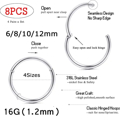 Miniatura 2 de Jstyle 8Pcs 16G Surgical Steel Hinged Clicker Segment Nose Rings Hoop Helix Cartilage Daith Tragus Sleeper Earrings Body Piercing 6-12MM Improved