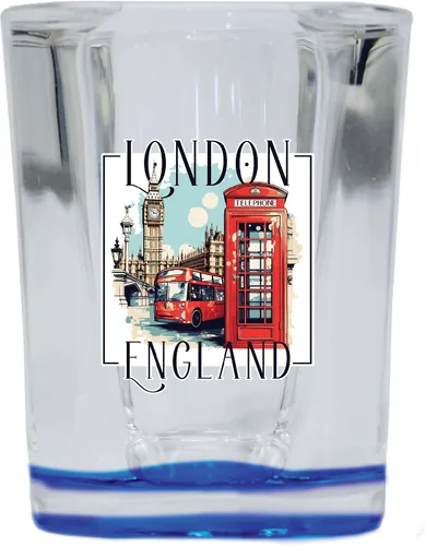London England Design C Souvenir - Vaso de chupito cuadrado de 2.5 onzas, base azul, paquete de 2 unidades