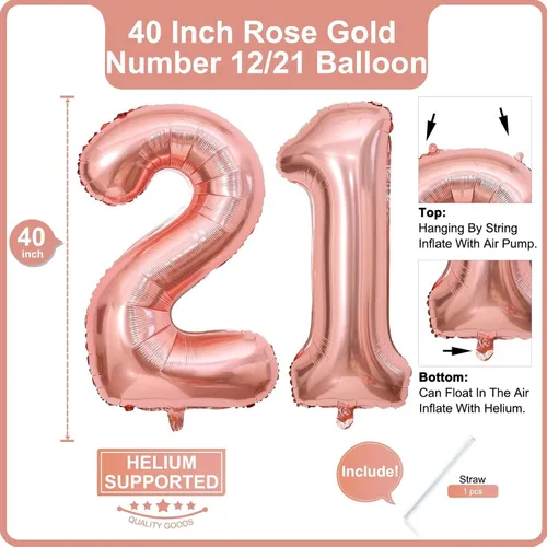 Miniatura 2 de Lovoir Globo de oro rosa de 40 pulgadas con el número 12 de 21 dígitos gigantes de papel de aluminio Mylar para helio de 12º cumpleaños y 21 años