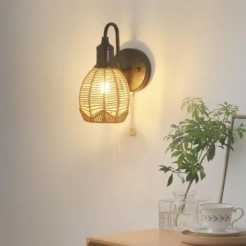 Miniatura 5 de Lámpara de pared de ratán, aplique de pared vintage de granja, lámpara de pared negra retro con tirador, iluminación interior cableada para sala