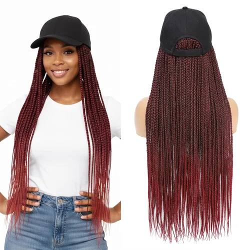 Miniatura 14 de Gorra con peluca para mujeres con gorra de béisbol y cabello trenzado adjunto, peluca de trenzas negras sintéticas, gorra ajustable con trenzas
