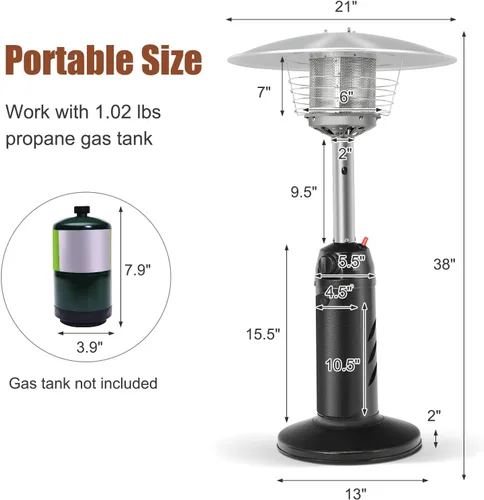 Miniatura 7 de Giantex Calentador de propano para exteriores, calentador de mesa portátil de 13,000 BTU con base pesada, acero inoxidable, termostato ajustable