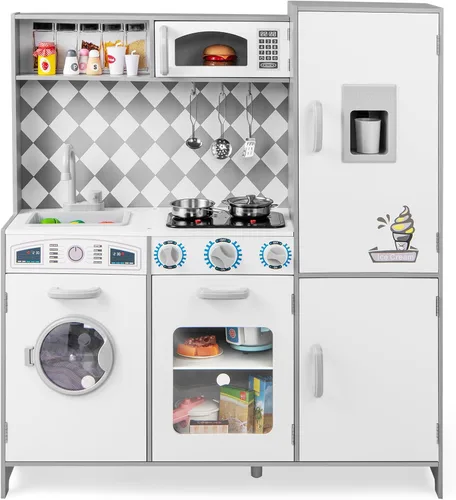 HONEY JOY Juego de cocina para niños, cocina de juguete de madera Pequeña Chef Juego de cocina de simulación con máquina de hielo, estufa iluminada,