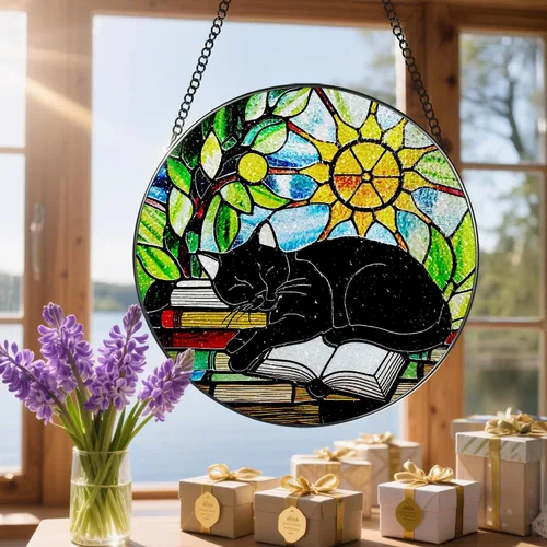 Miniatura 6 de Colgante de Vidriera, Gato Negro de 8 Pulgadas sobre Libro Atrapasol de Vidriera, Decoración Colgante para Ventana, Regalos para Amantes