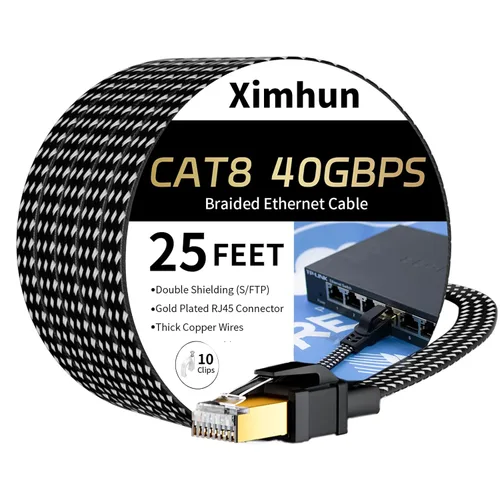 Cable Ethernet Cat 8 de 25 pies, cable de red trenzado de alta velocidad con conector RJ45 de 40 Gbps 2000 Mhz, cable LAN resistente blindado para