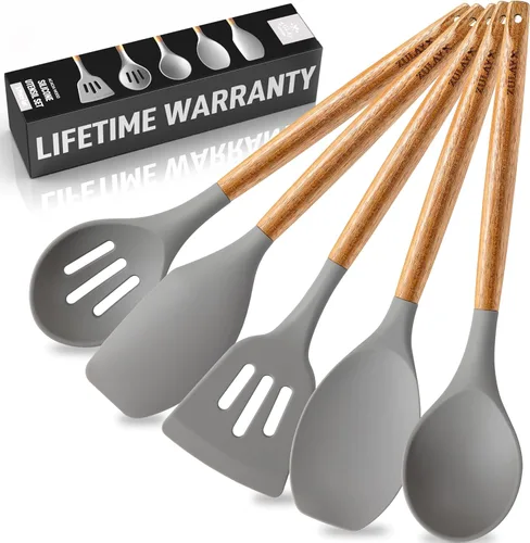 Zulay Kitchen Juego de utensilios de cocina de silicona antiadherente con auténticas asas de madera de acacia, juego de utensilios de cocina de 5