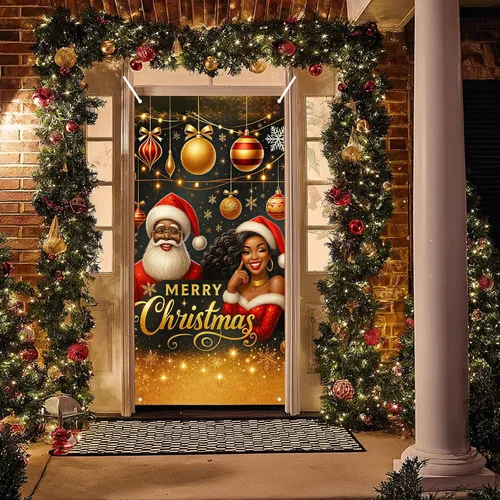 Miniatura 5 de BlissYard Cubierta de puerta de Feliz Navidad de 71 x 35 pulgadas, pancartas para puerta de porche delantero, decoración de invierno, Papá Noel