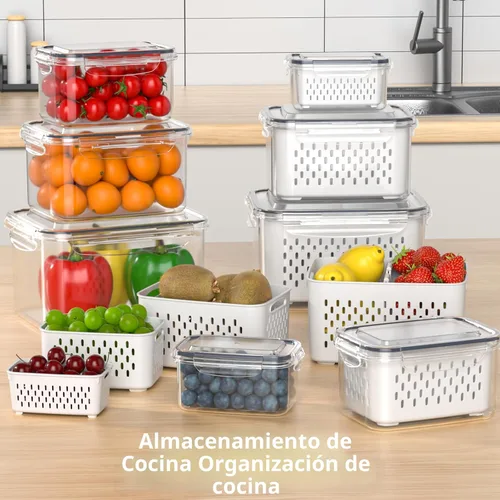 Miniatura 6 de Contenedores de almacenamiento de frutas para refrigerador con colador extraíble, paquete de 8 recipientes de frutas para refrigerador con placa