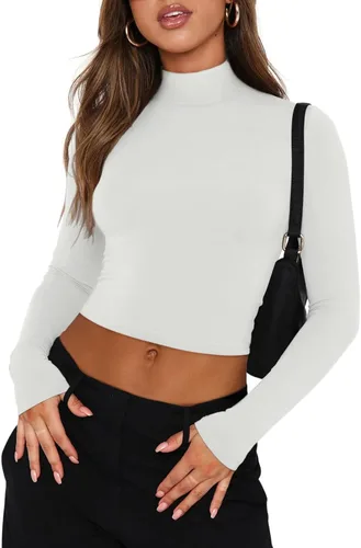Miniatura 4 de REORIA Camisetas ajustadas de manga larga con cuello alto falso para mujer