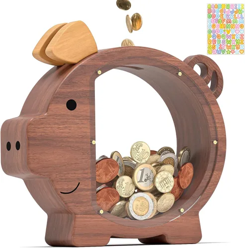 Miniatura 12 de Summidate Alcancía de madera para niños, niñas, niños y adultos, grandes facturas irrompibles, cambio de monedas, tarro de ahorro de dinero, regalo