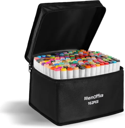 MemOffice Juego de marcadores de alcohol de doble punta de 162 colores con estuche de transporte, perfecto para colorear, dibujar, bocetar, hacer