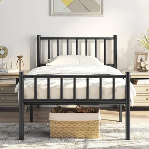 Topeakmart Base de cama individual de metal negro con cabecero y estribo, base de cama de plataforma individual, resistente, no necesita somier,