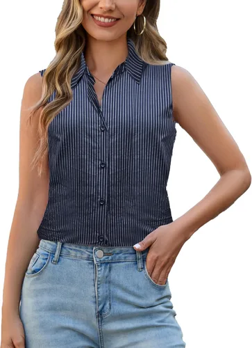 Miniatura 15 de YAMANMAN Camisa sin mangas con botones para mujer, blusa clásica con cuello redondo, camiseta básica de gasa para el trabajo y la oficina