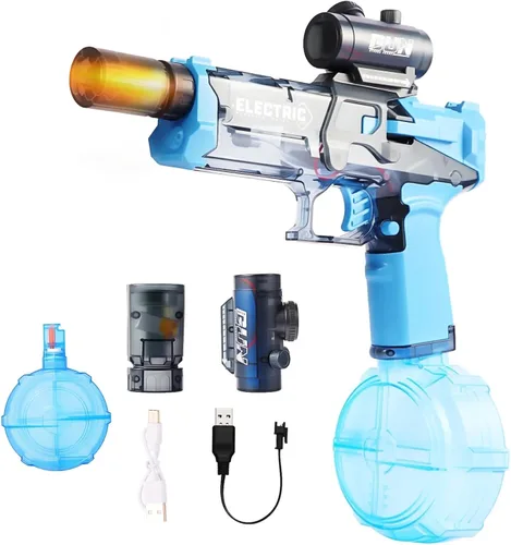 Lanzador de agua eléctrico con boquilla de llama LED, tanque de gran capacidad de 16.9 fl oz, rango de disparo de 32 pies, juguete de batalla al Azul