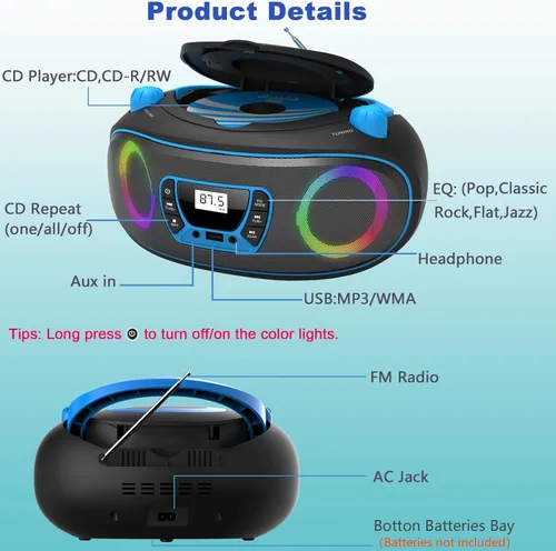 Miniatura 6 de Reproductor de radio portátil CD Boombox con Bluetooth, radio FM, reproducción de MP3 por USB, entrada AUX, conector para auriculares, compatible