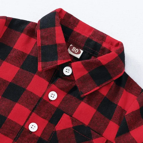 Miniatura 4 de MAMAMI Conjunto de 2 piezas de camisa de franela a cuadros rojos para bebés, niños y niñas, cintura elástica, agujeros rasgados, pantalones
