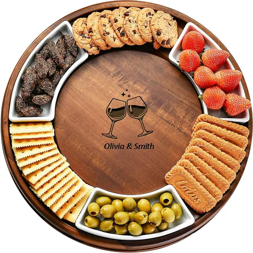 Miniatura 8 de Shanik Juego Mejorado de Tabla Giratoria Lazy Susan para Cortar Queso - Tabla Redonda de Acacia para Charcutería con 4 Tazones de Cerámica - Regalos