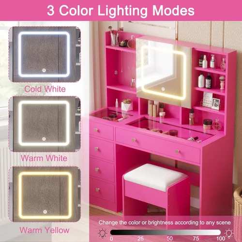 Miniatura 4 de Karl home Tocador de maquillaje con espejo iluminado, escritorio para dormitorio con estación de carga, juego de tocador grande con escritorio