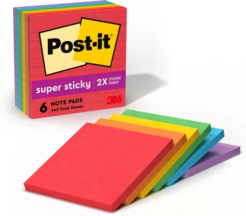 Post-it Notas rayadas súper adhesivas, 6 blocs de notas adhesivas, 4 x 4 pulgadas, suministros de regreso a clases para estudiantes, ideal para
