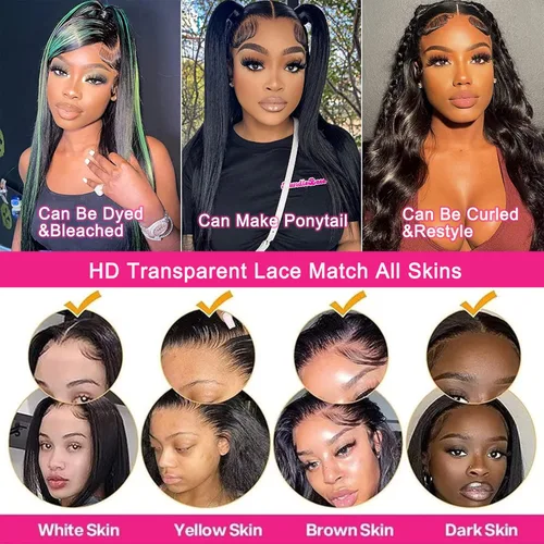 Miniatura 7 de Lemoda Peluca de encaje frontal completo de 13 x 6 pulgadas, pelucas de cabello humano lacio HD transparente de encaje sin pegamento, peluca