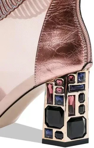 Miniatura 4 de IMPREMEY Women's Rhinestone High Heels, Leather Mesh Pointed Toe Glittering Jewel Back Zipper Summer Ankle Boots