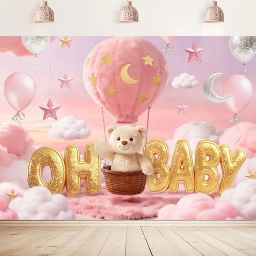 Miniatura 10 de Telón de fondo de oso para baby shower, de 5 pulgadas de ancho x 3 de alto, con texto en inglés «We Can Bearly Wait Brown Blue Balloons» de dibujos