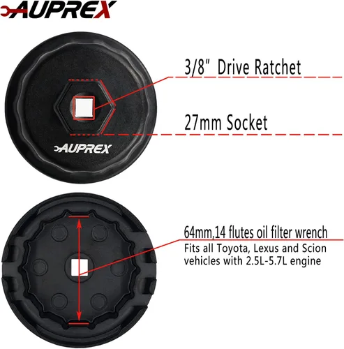 Miniatura 2 de AUPREX Llave de filtro de aceite de aluminio para Toyota Camry, Lexus, Tundra, 4Runner, Highlander, RAV4 y más, 64mm 14 estrías, negro