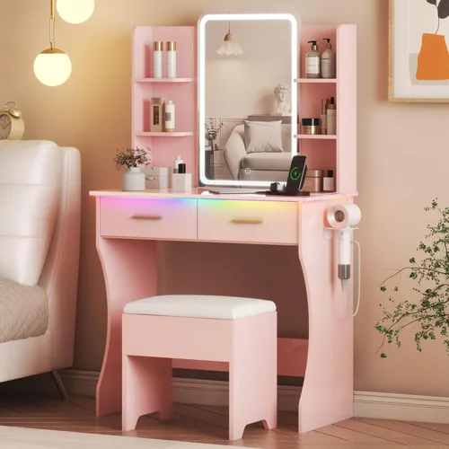 Miniatura 10 de Escritorio de tocador con espejo con luces LED y toma de corriente, pequeño juego de mesa de tocador de maquillaje con cajones de almacenamiento