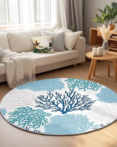 Miniatura 6 de Alfombra redonda azul océano coral de 3 pies, lavable para interiores, dormitorio, cocina, baño, sala de estar, comedor, lavandería, oficina, área +
