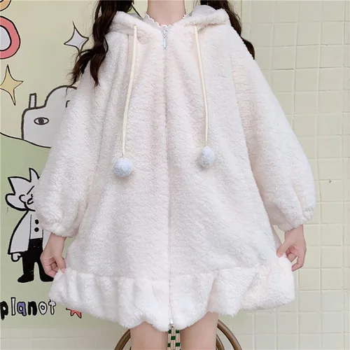 Miniatura 3 de Sudadera con capucha para mujer con orejas de conejo de manga larga mullida mullida con capucha abrigos