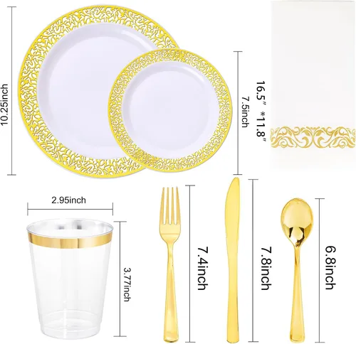 Miniatura 4 de I00000 160 platos de plástico dorado, cubiertos dorados con servilletas doradas, incluye: 40 tenedores, 20 cucharas, 20 cuchillos, 20 platos