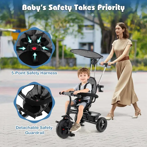 Miniatura 5 de BABY JOY Triciclo para niños pequeños, 7 en 1 con toldo ajustable, asa de empuje para padres, asiento y reposapiés, arnés de seguridad de 5 puntos