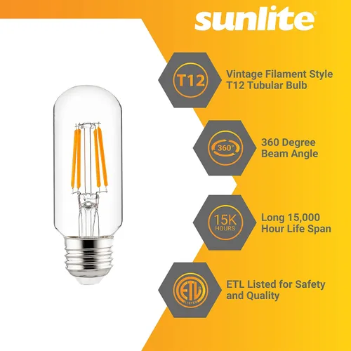 Miniatura 3 de Sunlite Bombilla tubular de filamento LED T12, 3 vatios (equivalente a 40 W), 350 lúmenes, certificación ETL, 3.937 in, base E26 media, regulable