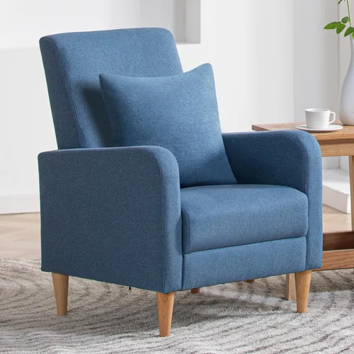 Miniatura 9 de COLAMY Mid-Century - Silla decorativa tapizada moderna con almohada trasera y patas de madera maciza, sillón acogedor de tela para sala de estar