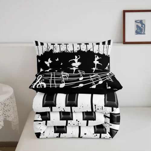 Miniatura 6 de Juego de ropa de cama con música de piano, tamaño matrimonial, juego de edredón de notas musicales en blanco y negro, 3 piezas, silueta de Multi 10