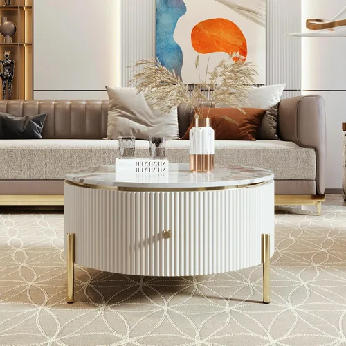 Miniatura 3 de Mesa de café redonda, mesa de café moderna de 31.5" con 2 cajones grandes de almacenamiento, tapa de mesa con patrón de mármol, mesa central