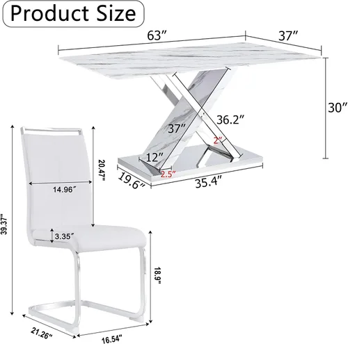 Miniatura 2 de Juego de mesa de comedor de mármol para mesa rectangular blanca de 4.63 pulgadas con marco de metal plateado en forma de X y 4 sillas de comedor