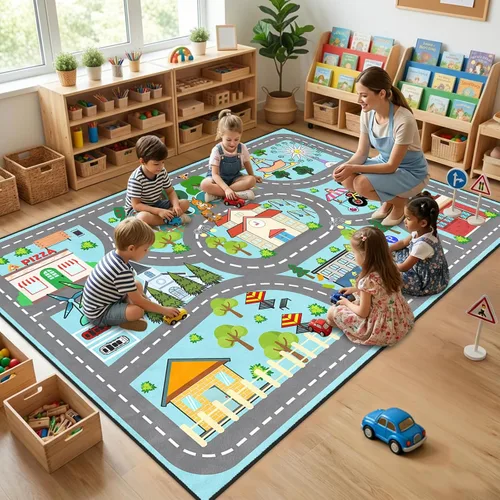 Miniatura 25 de Alfombra de carretera para habitación de niños, alfombra de juego azul para pista de carreras, alfombra de coche para dormitorio, sala
