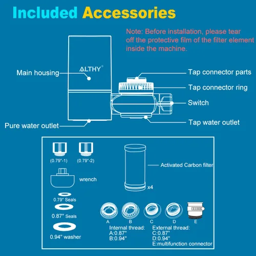 Miniatura 6 de ALTHY Filtro de agua para grifo, purificador de agua sin BPA, certificado que reduce el cloro, metales pesados y mal sabor, solo se adapta a grifo