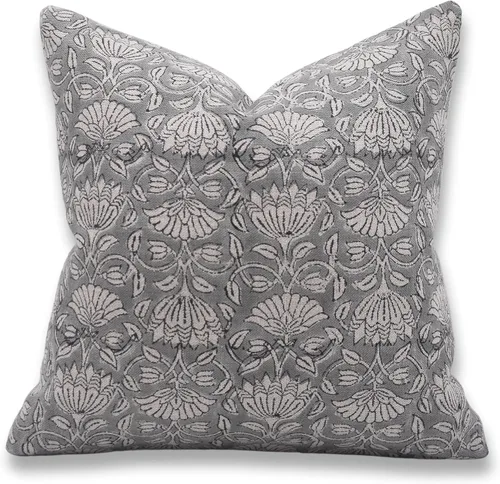 Miniatura 8 de Funda de cojín elegante de lino blanco roto con estampado de bloque a mano, 14 x 14 pulgadas, con cremallera invisible para sofá, cama, sala de Negro