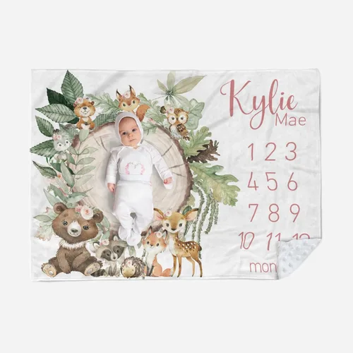 Miniatura 12 de Manta de hito mensual personalizada para bebé, nombre personalizado con fondo de fotografía de diseño de ganado de las tierras altas, manta de felpa