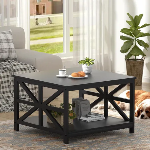 Miniatura 6 de GreenForest Mesa de café moderna para sala de estar con almacenamiento de 2 niveles, pequeña mesa central de granja cuadrada de madera y metal