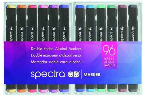 Chartpak Spectra AD Marcador, triple punta y pincel de doble punta, 96 colores básicos surtidos en cubos de plástico duro, 1 cada uno (SBASIC96AD)