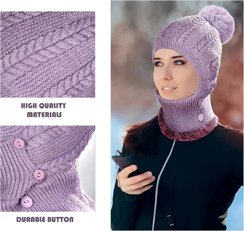 Miniatura 2 de Gorro de punto con forro polar para mujer, bufanda de invierno para mujer, gorro cálido con pompón