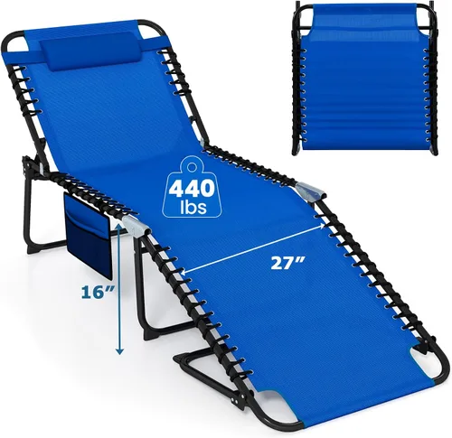 Miniatura 16 de Goplus Tumbona para exteriores, silla de playa plegable extragrande de 5 posiciones con almohada desmontable, bolsillo lateral, silla de bronceado