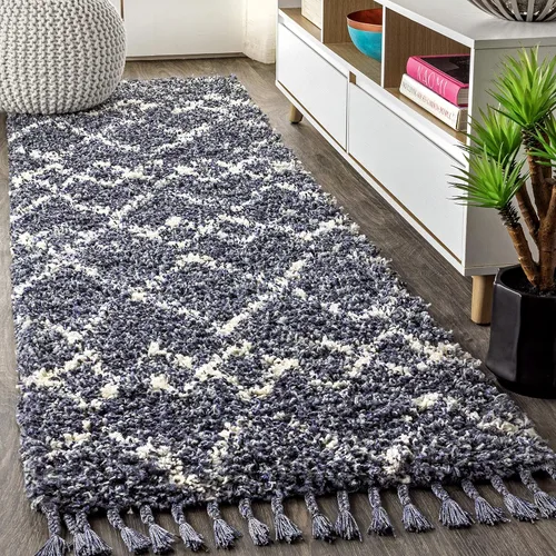 Eyely RCM102A-28 Mercer SHAG - Alfombra de pasillo para interiores con borlas, marroquí, tribal, geométrica, enrejado, contemporánea; bohemio, Azul/