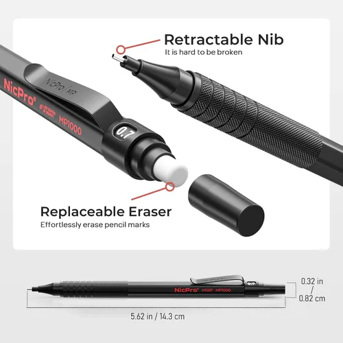 Miniatura 6 de Nicpro - Juego de 30 lápices mecánicos negros de metal en estuche de cuero, lápices de dibujo artístico de 0.5, 0.7, 0.9 mm, portaminillas