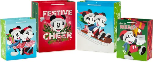Hallmark Bolsas de regalo de Navidad de Mickey y Minnie en varios tamaños (4 bolsas: 2 medianas de 9 pulgadas, 2 grandes de 13 pulgadas) para niños,